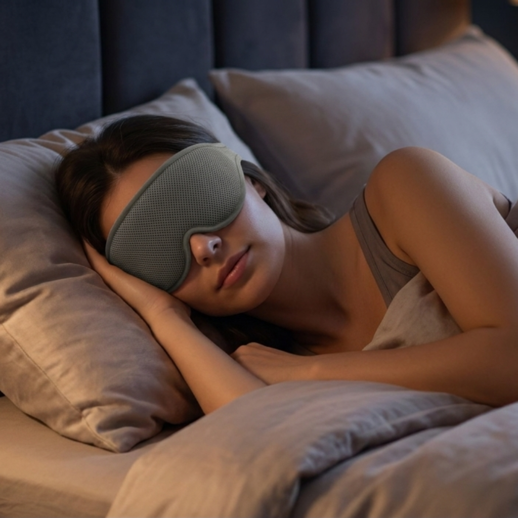 Person lying in bed wearing a Rest'd sleep mask in a dimly lit room.