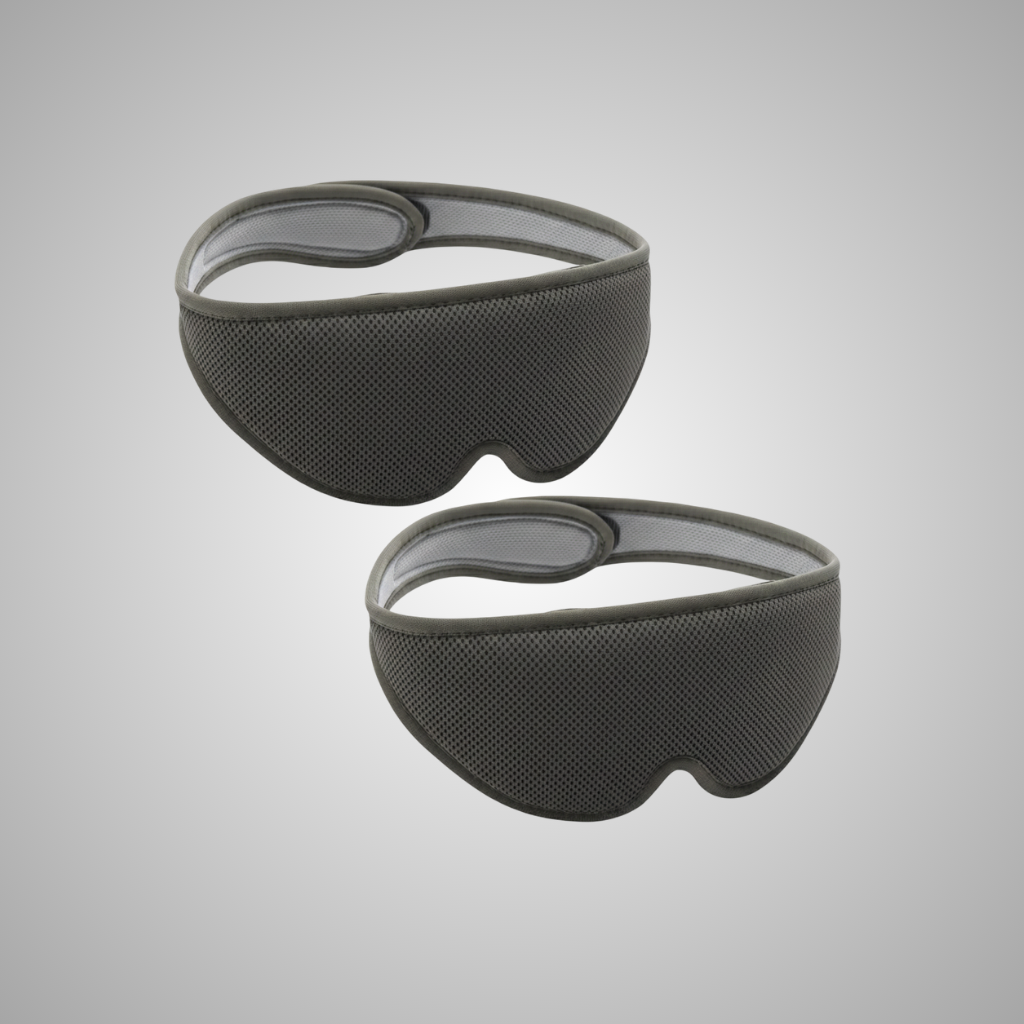 Two black Rest'd sleep masks on a gray background