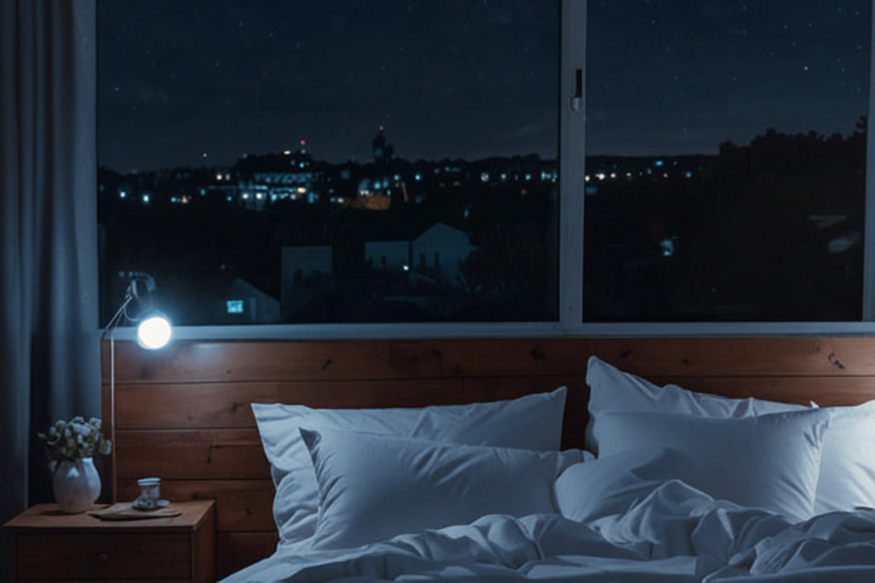 Bedroom with a large window showing a night sky with stars, lit by a lamp on a nightstand.