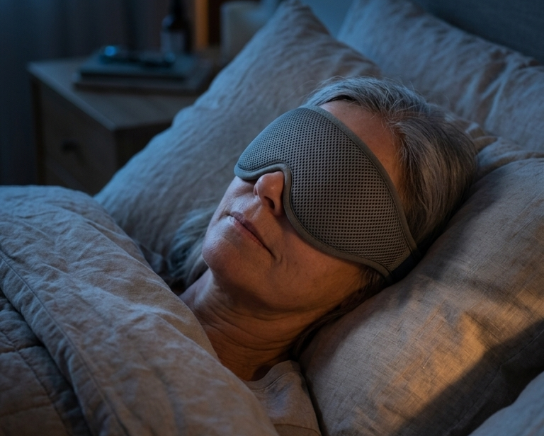 Old woman sleeping in bed with a Rest'd sleep mask on, in a dimly lit room.