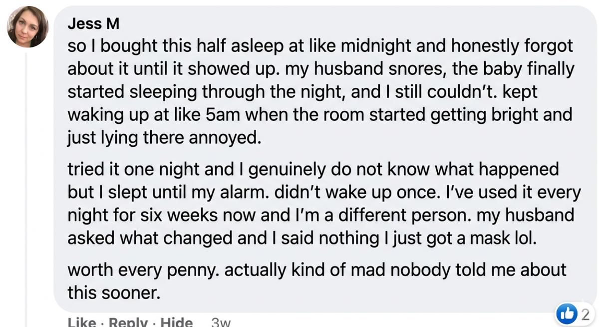 Text post by Jess M about a sleep mask she bought, showing improvement in sleep quality.