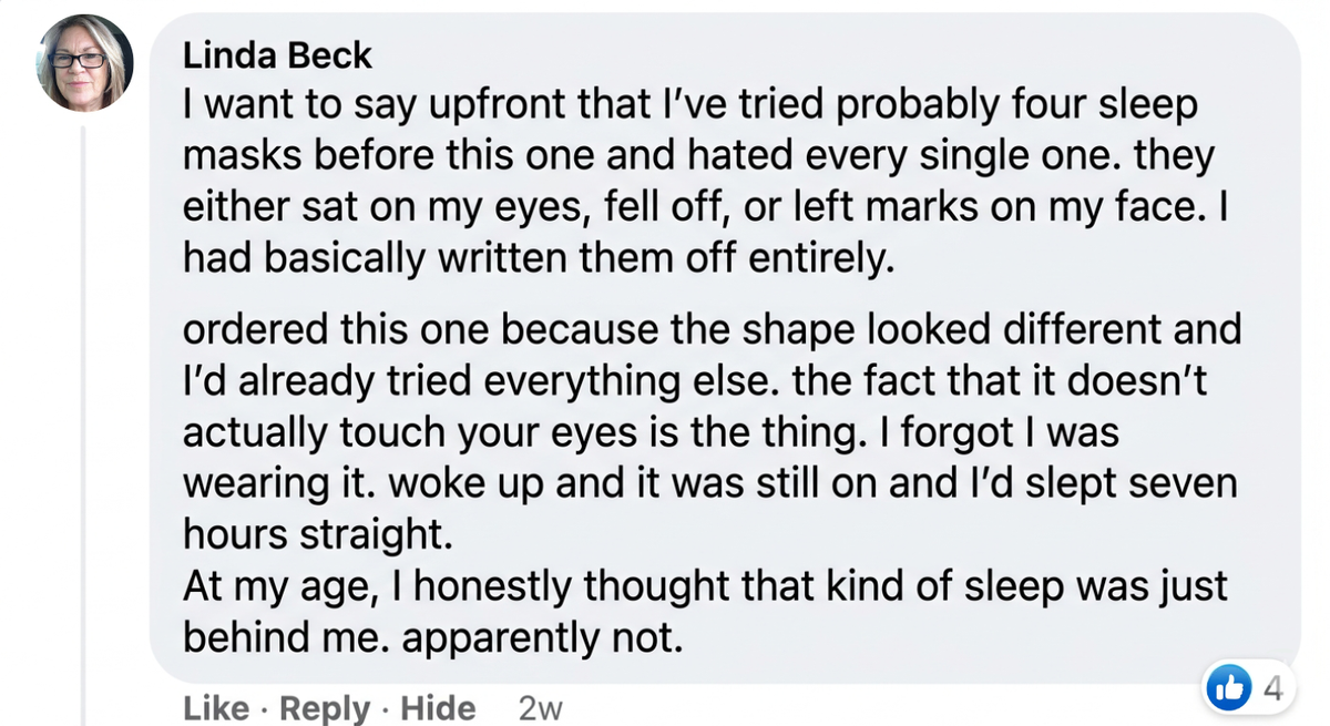 Text review of a Rest'd sleep mask with a neutral background