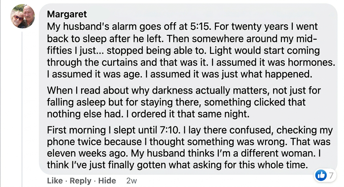 Text message from Margaret about her husband's alarm and sleep patterns over 20 years.