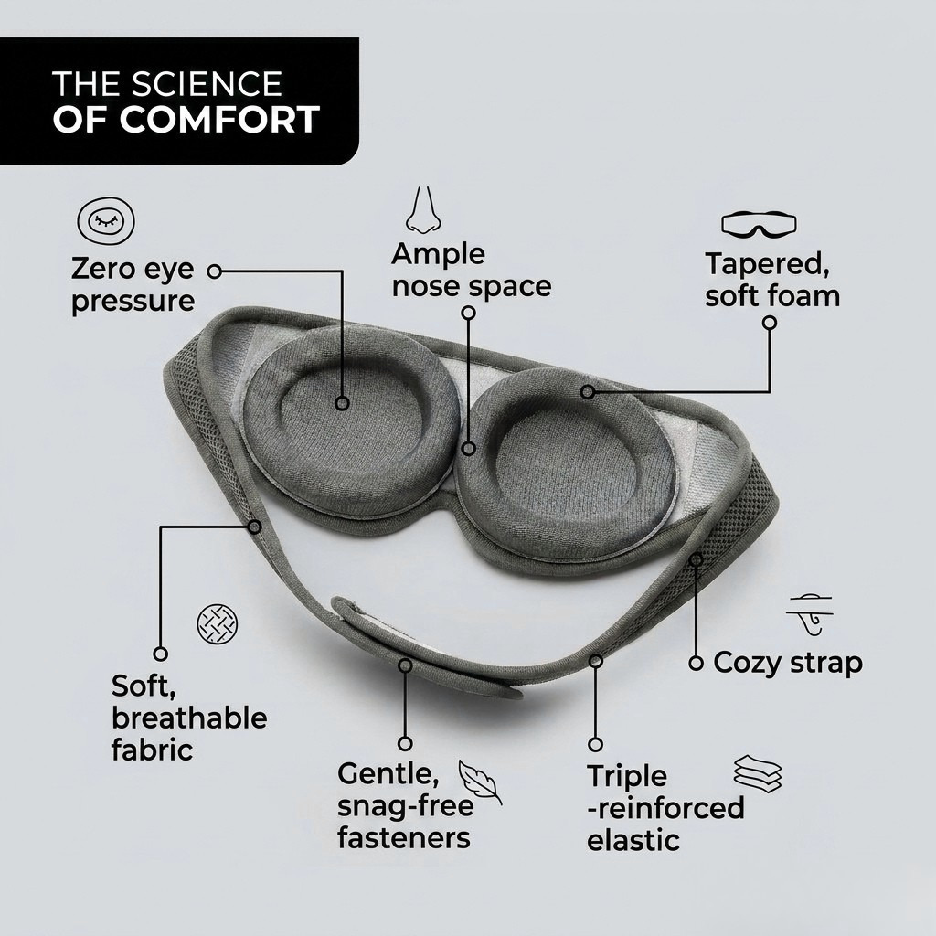 Diagram of Rest'd eye masks with labeled features on a light gray background