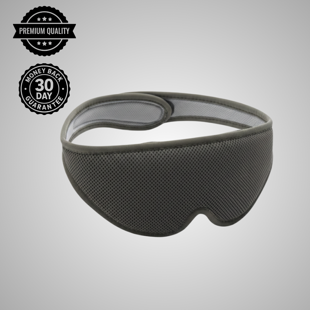 Gray Rest'd sleep mask on a light gray background with 'Premium Quality' and '30 Day Money Back Guarantee' labels.