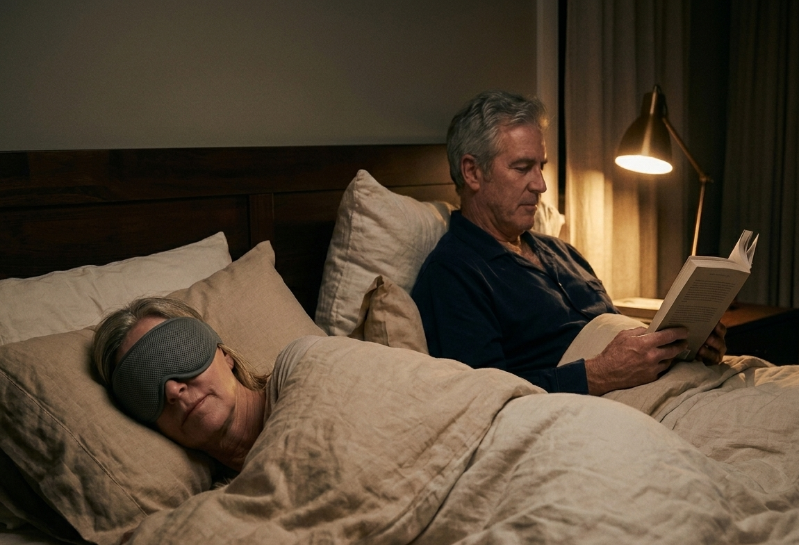 A man reading a book to a peacefully sleeping  woman in bed wearing a Rest'd sleep mask