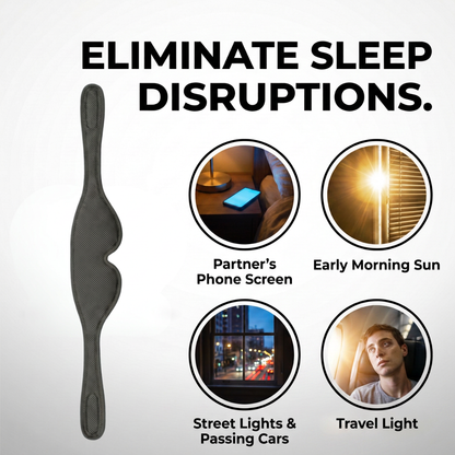 Product advertisement for Rest'd Sleep Mask to eliminate sleep disruptions with images of phone screen, early morning sun, street lights, and travel light.
