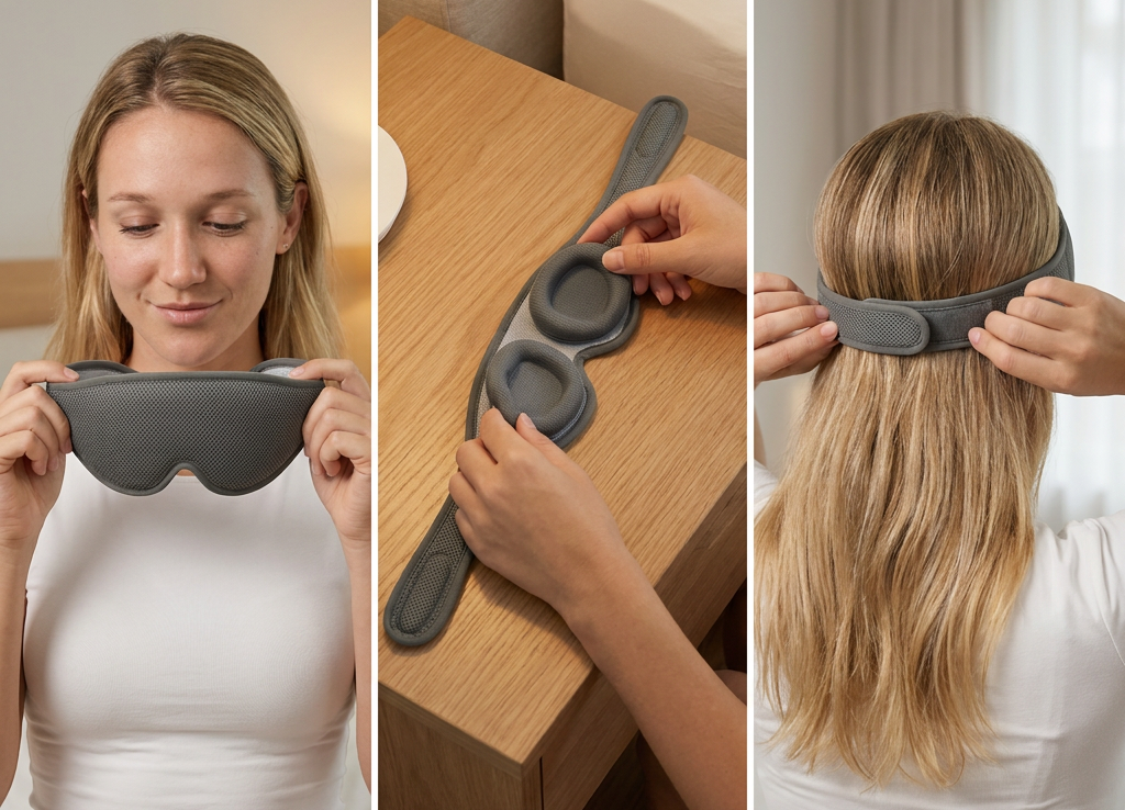Collage of a woman using a Rest'd gray eye mask, placing it on a table, and wearing it.